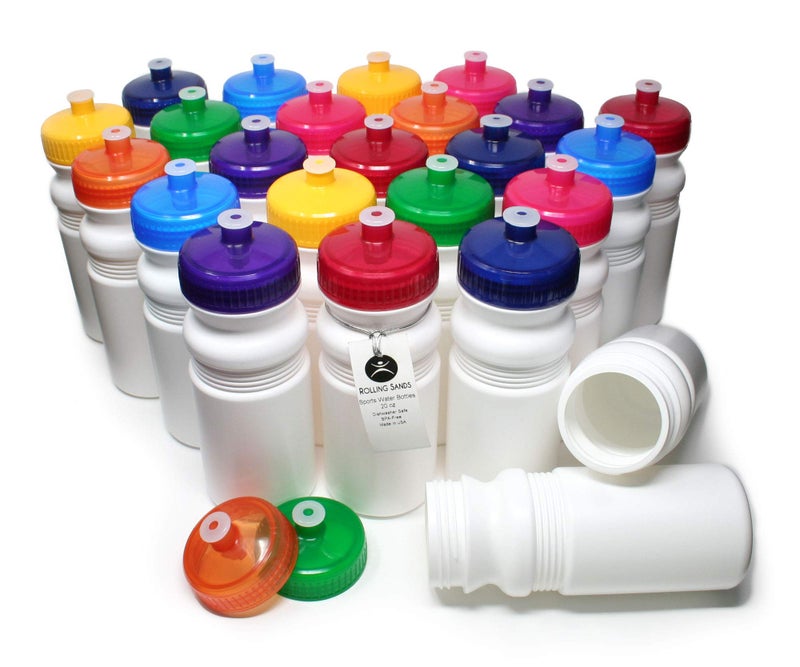 Rolling Sands Reusable Bulk Water Bottles 24 Pack - 20 Oz Sports Water Bottles, USA Made, BPA-Free, Wide Mouth for Easy Cleaning, Dishwasher Safe, Break Resistant - White Bottle/Variety Lid - Image 1